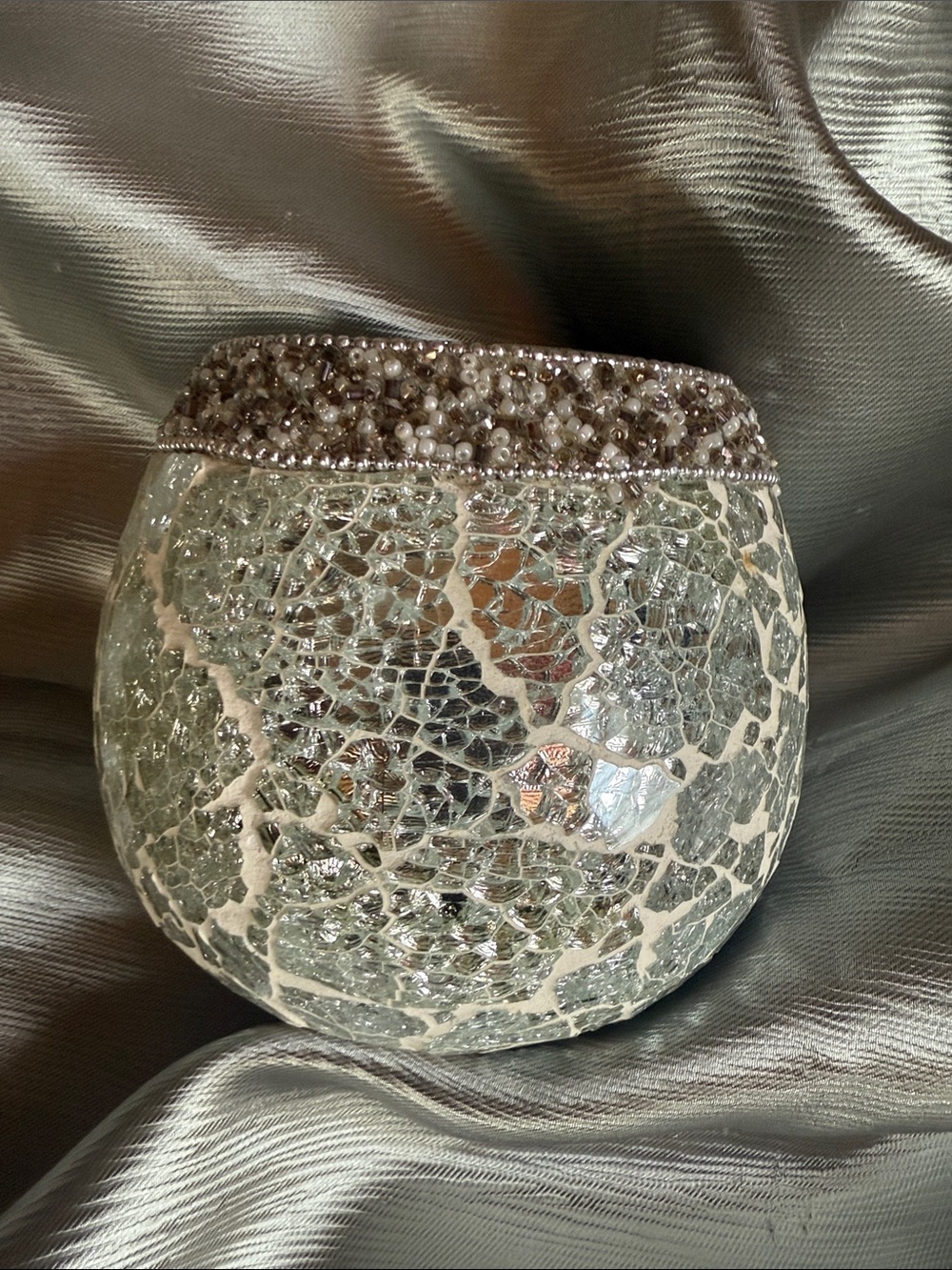Decorative Crackle Glass Votive with Beaded Rim - Silver